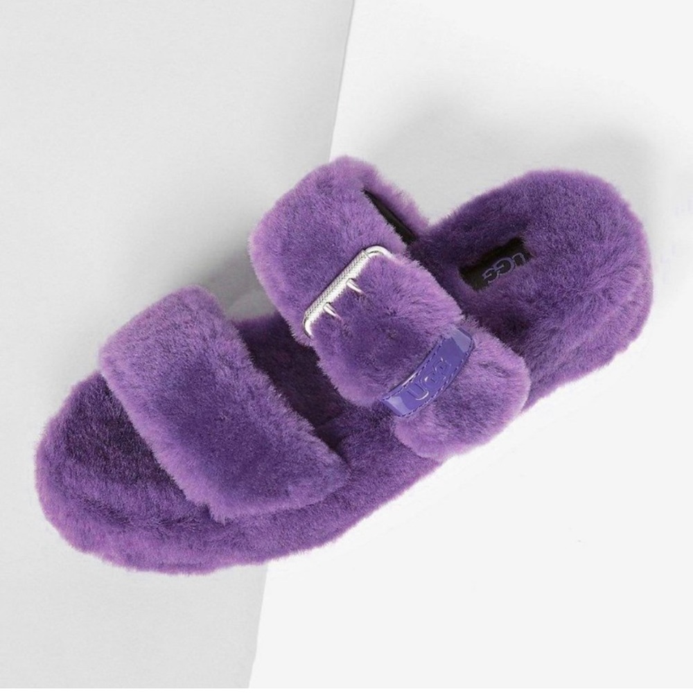 Ugg’s purple fur double strap sandals